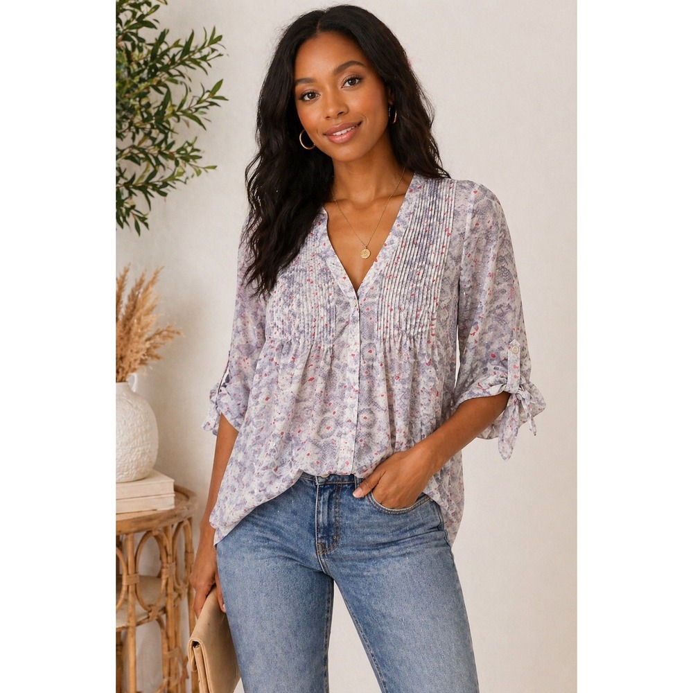 Love Stitch Boho Blouse Pintuck Sheer Top‎ Snake Print Pink Size S